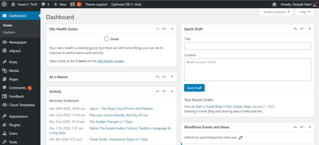 WordPress Dashboard of Travel Blog